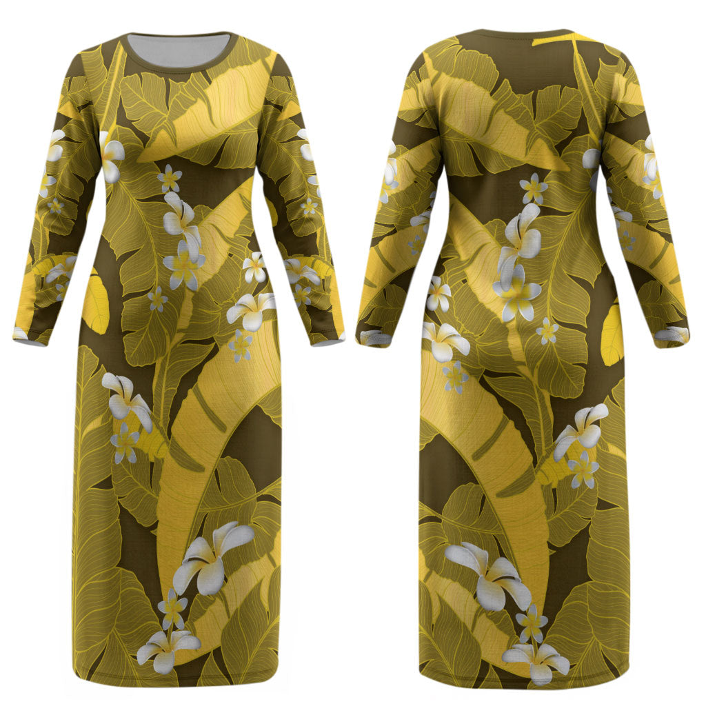 Yellow Banana Leaf Hawaii Couples Matching Long Sleeve Bodycon Dress and Long Sleeve Button Shirt Lau Maia Plumeria Tropical Summer Vibes LT14 - Polynesian Pride