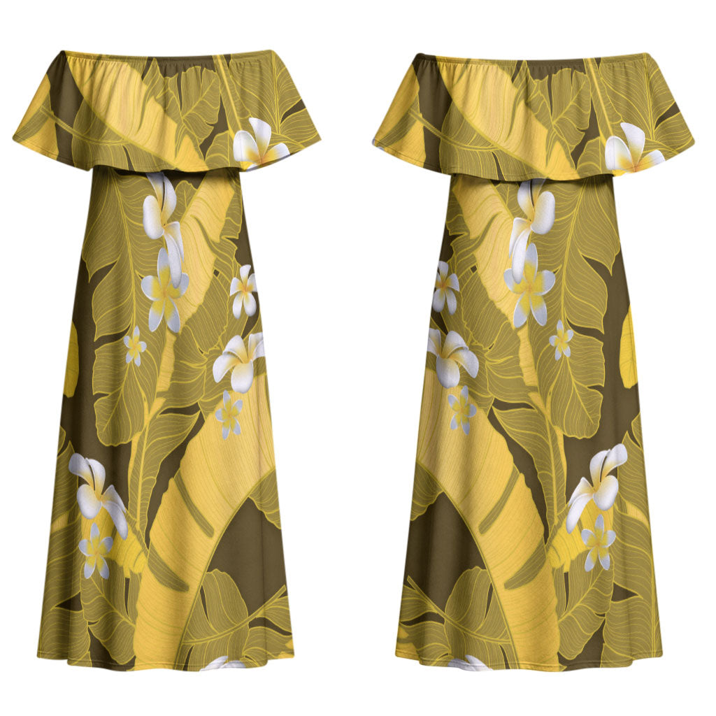 Yellow Banana Leaf Hawaii Couples Matching Off Shoulder Maxi Dress and Long Sleeve Button Shirt Lau Maia Plumeria Tropical Summer Vibes LT14 - Polynesian Pride