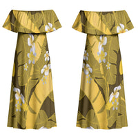 Yellow Banana Leaf Hawaii Couples Matching Off Shoulder Maxi Dress and Long Sleeve Button Shirt Lau Maia Plumeria Tropical Summer Vibes LT14 - Polynesian Pride