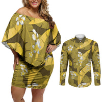 Yellow Banana Leaf Hawaii Couples Matching Off Shoulder Short Dress and Long Sleeve Button Shirt Lau Maia Plumeria Tropical Summer Vibes LT14 Yellow - Polynesian Pride