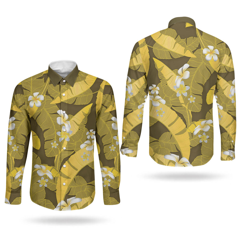 Yellow Banana Leaf Hawaii Couples Matching Off Shoulder Short Dress and Long Sleeve Button Shirt Lau Maia Plumeria Tropical Summer Vibes LT14 - Polynesian Pride