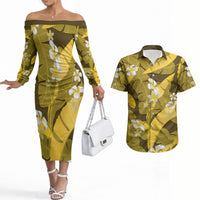 Yellow Banana Leaf Hawaii Couples Matching Off The Shoulder Long Sleeve Dress and Hawaiian Shirt Lau Maia Plumeria Tropical Summer Vibes LT14 Yellow - Polynesian Pride