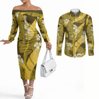 Yellow Banana Leaf Hawaii Couples Matching Off The Shoulder Long Sleeve Dress and Long Sleeve Button Shirt Lau Maia Plumeria Tropical Summer Vibes LT14 Yellow - Polynesian Pride