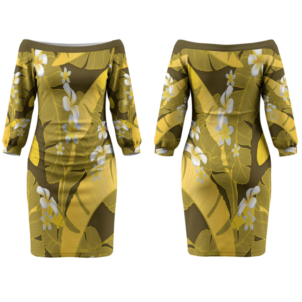 Yellow Banana Leaf Hawaii Couples Matching Off The Shoulder Long Sleeve Dress and Long Sleeve Button Shirt Lau Maia Plumeria Tropical Summer Vibes LT14 - Polynesian Pride