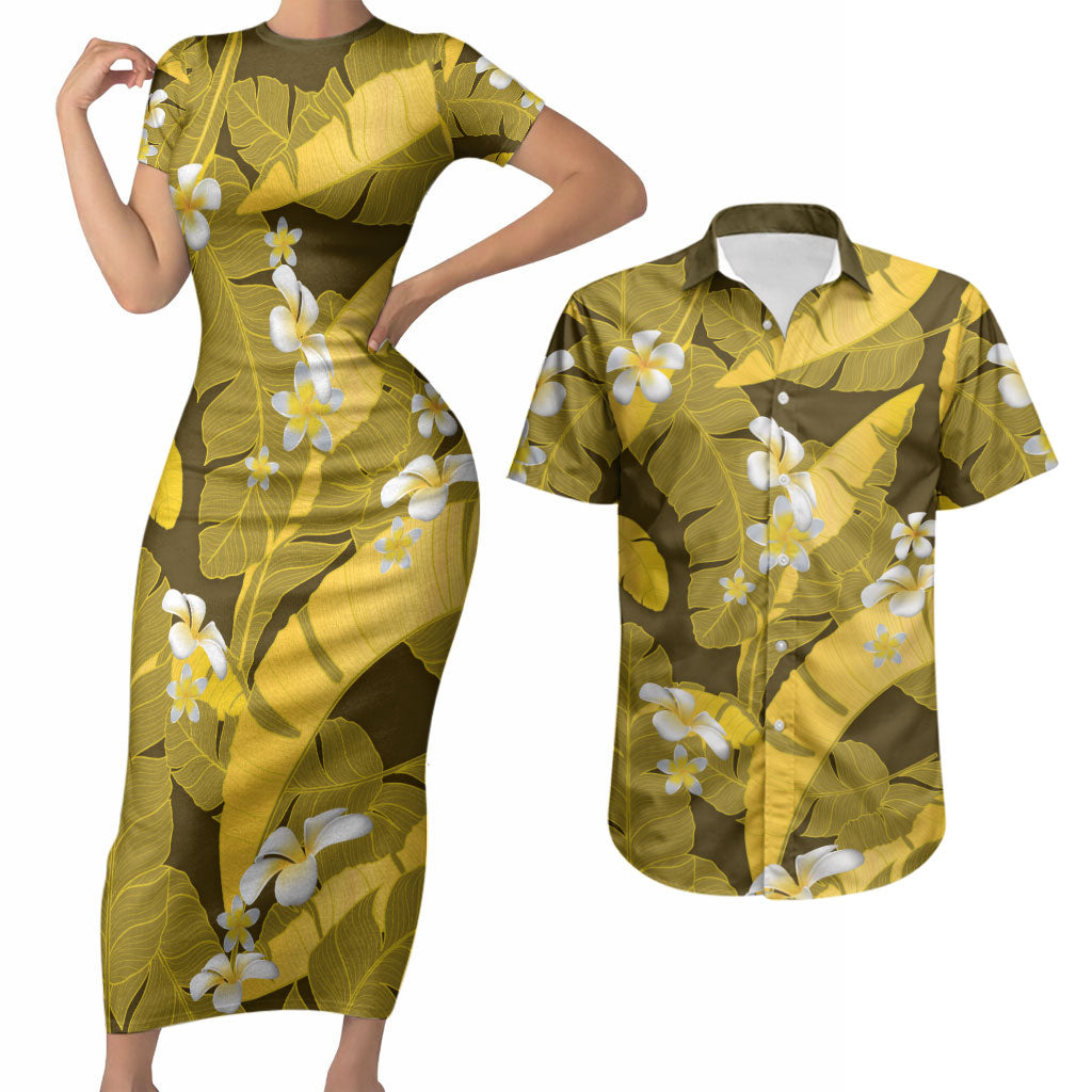 Yellow Banana Leaf Hawaii Couples Matching Short Sleeve Bodycon Dress and Hawaiian Shirt Lau Maia Plumeria Tropical Summer Vibes LT14 Yellow - Polynesian Pride