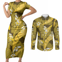 Yellow Banana Leaf Hawaii Couples Matching Short Sleeve Bodycon Dress and Long Sleeve Button Shirt Lau Maia Plumeria Tropical Summer Vibes LT14 Yellow - Polynesian Pride