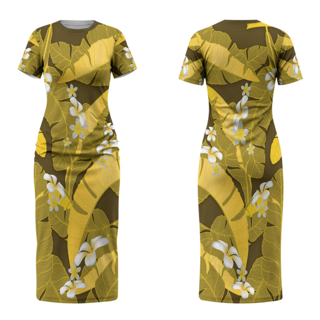 Yellow Banana Leaf Hawaii Couples Matching Short Sleeve Bodycon Dress and Long Sleeve Button Shirt Lau Maia Plumeria Tropical Summer Vibes LT14 - Polynesian Pride