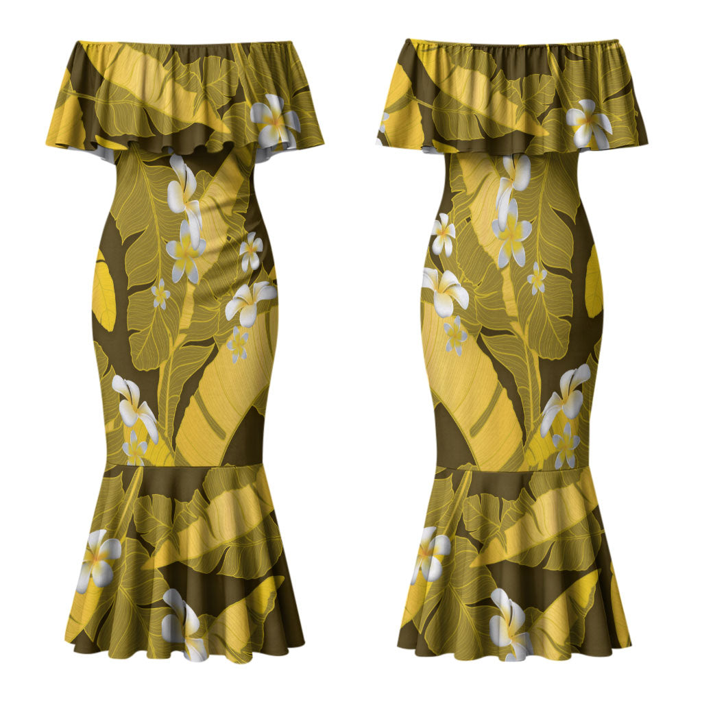 Yellow Banana Leaf Hawaii Family Matching Mermaid Dress and Hawaiian Shirt Lau Maia Plumeria Tropical Summer Vibes LT14 Mom's Dress Yellow - Polynesian Pride