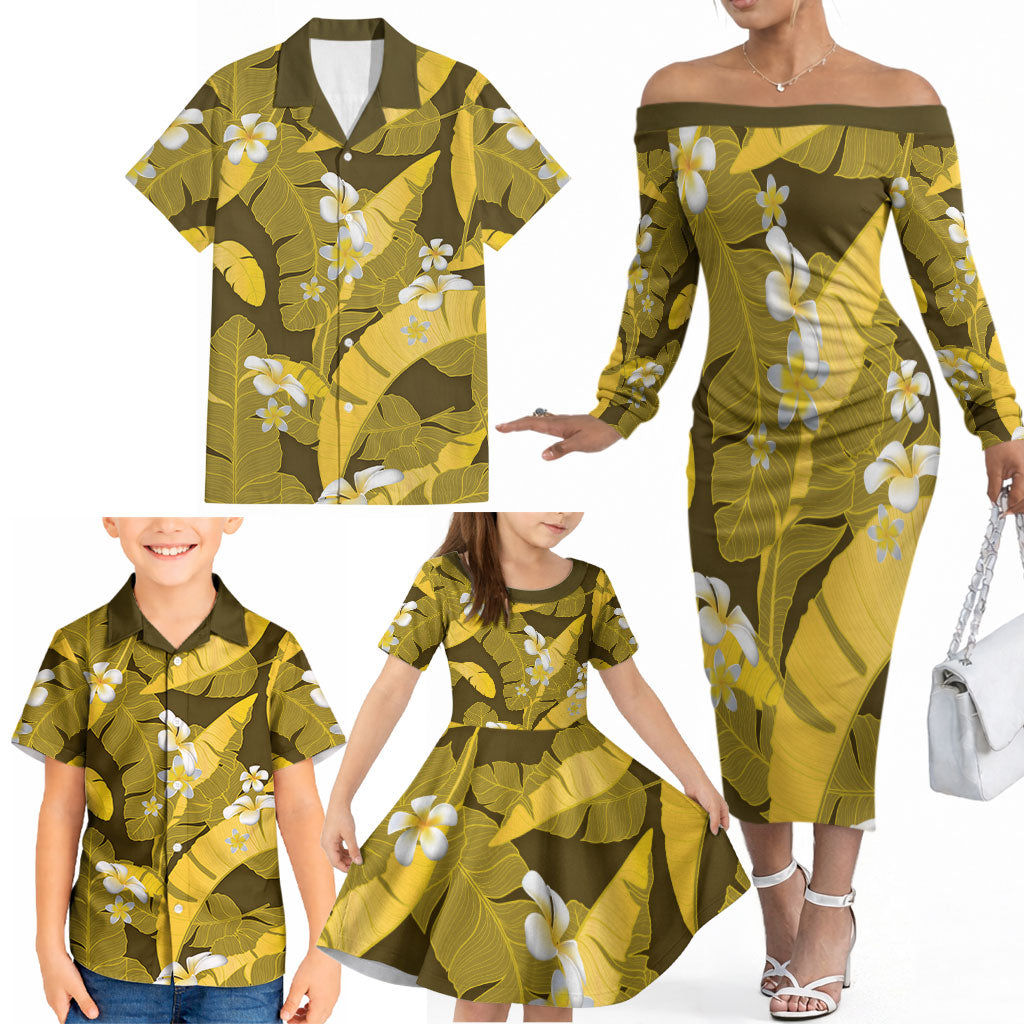 Yellow Banana Leaf Hawaii Family Matching Off The Shoulder Long Sleeve Dress and Hawaiian Shirt Lau Maia Plumeria Tropical Summer Vibes LT14 - Polynesian Pride