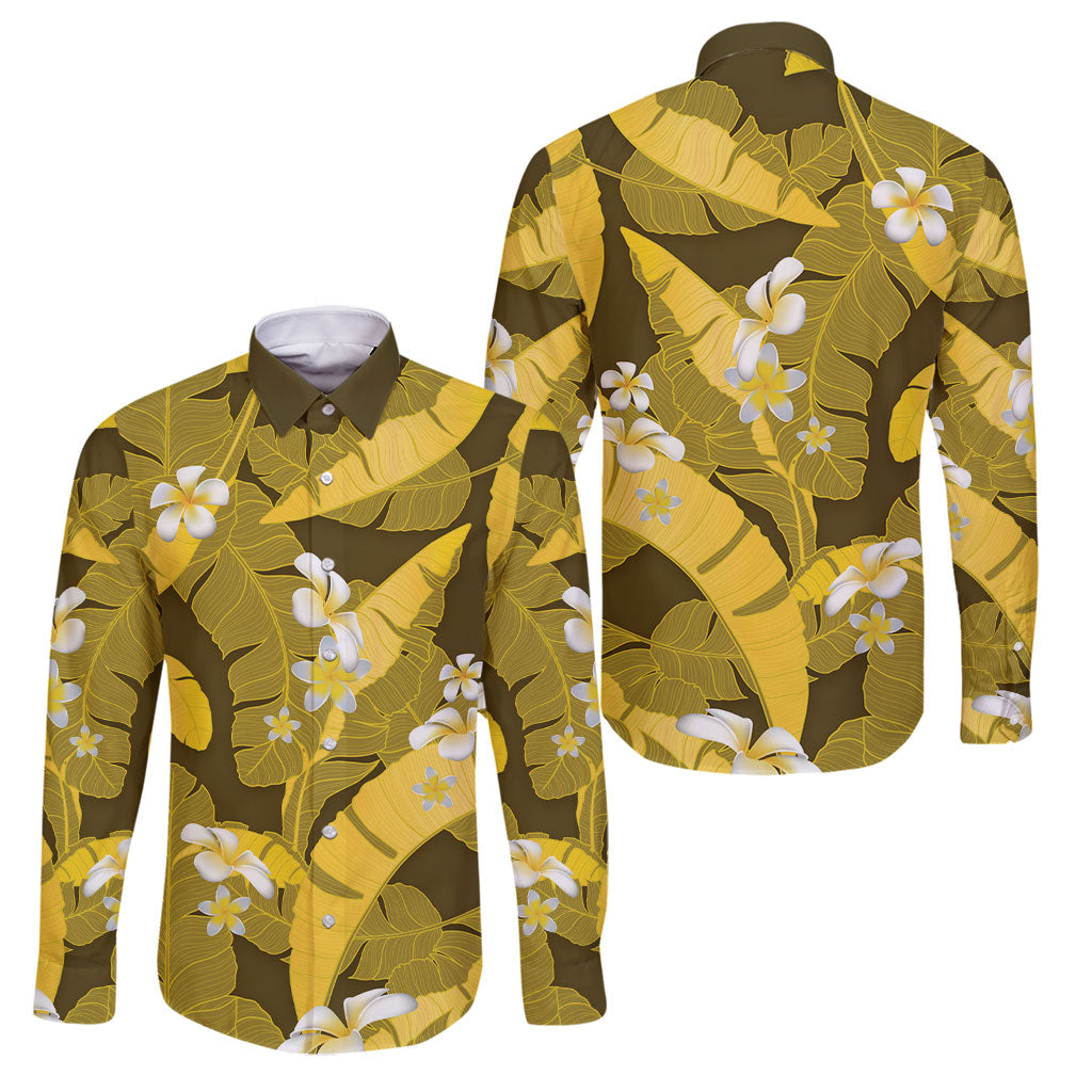 Yellow Banana Leaf Hawaii Family Matching Off The Shoulder Long Sleeve Dress and Hawaiian Shirt Lau Maia Plumeria Tropical Summer Vibes LT14 Dad's Shirt - Long Sleeve Yellow - Polynesian Pride