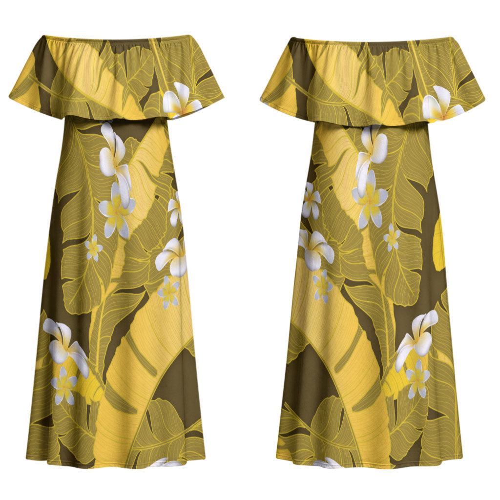 Yellow Banana Leaf Hawaii Family Matching Off Shoulder Maxi Dress and Hawaiian Shirt Lau Maia Plumeria Tropical Summer Vibes LT14 Mom's Dress Yellow - Polynesian Pride