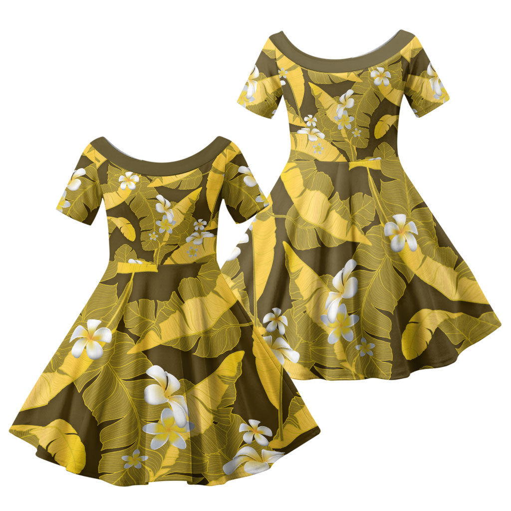 Yellow Banana Leaf Hawaii Family Matching Off Shoulder Maxi Dress and Hawaiian Shirt Lau Maia Plumeria Tropical Summer Vibes LT14 Daughter's Dress Yellow - Polynesian Pride