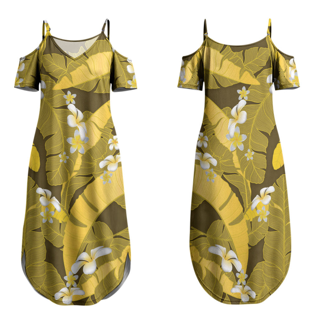 Yellow Banana Leaf Hawaii Family Matching Summer Maxi Dress and Hawaiian Shirt Lau Maia Plumeria Tropical Summer Vibes LT14 Mom's Dress Yellow - Polynesian Pride