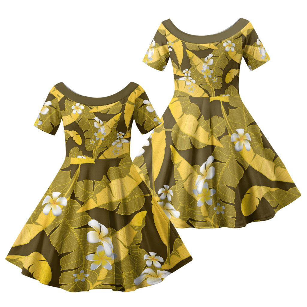 Yellow Banana Leaf Hawaii Family Matching Summer Maxi Dress and Hawaiian Shirt Lau Maia Plumeria Tropical Summer Vibes LT14 Daughter's Dress Yellow - Polynesian Pride