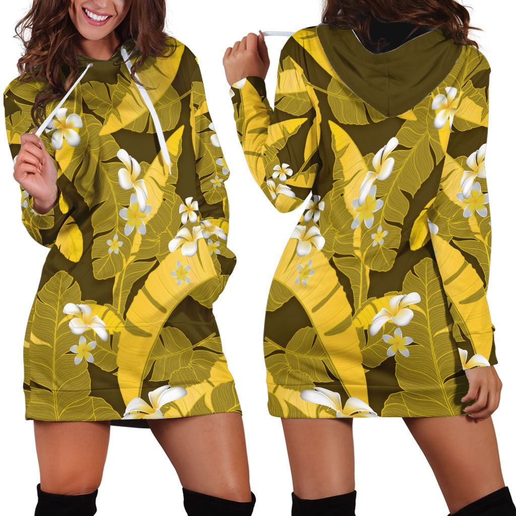 Yellow Banana Leaf Hawaii Hoodie Dress Lau Maia Plumeria Tropical Summer Vibes LT14 - Polynesian Pride