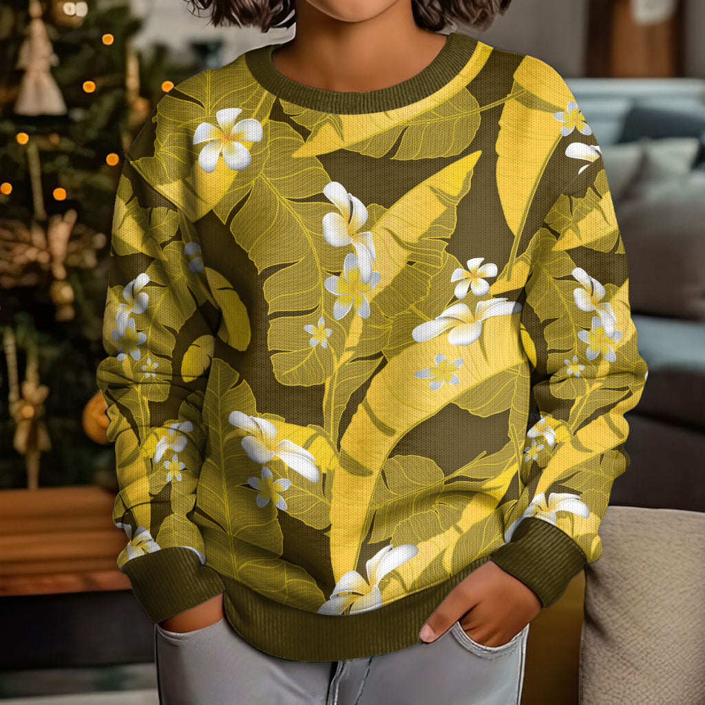 Yellow Banana Leaf Hawaii Kid Ugly Christmas Sweater Lau Maia Plumeria Tropical Summer Vibes