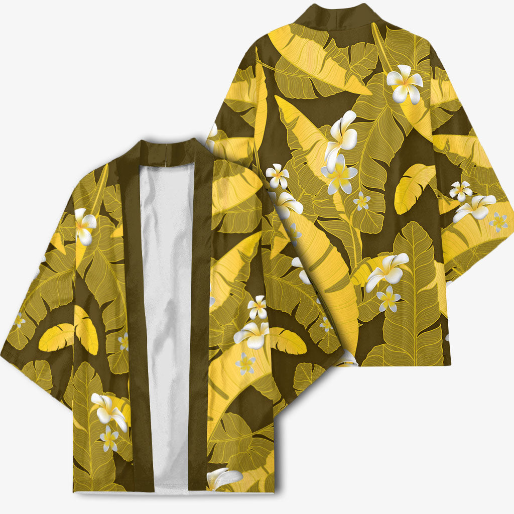 Yellow Banana Leaf Hawaii Kimono Lau Maia Plumeria Tropical Summer Vibes LT14 - Polynesian Pride