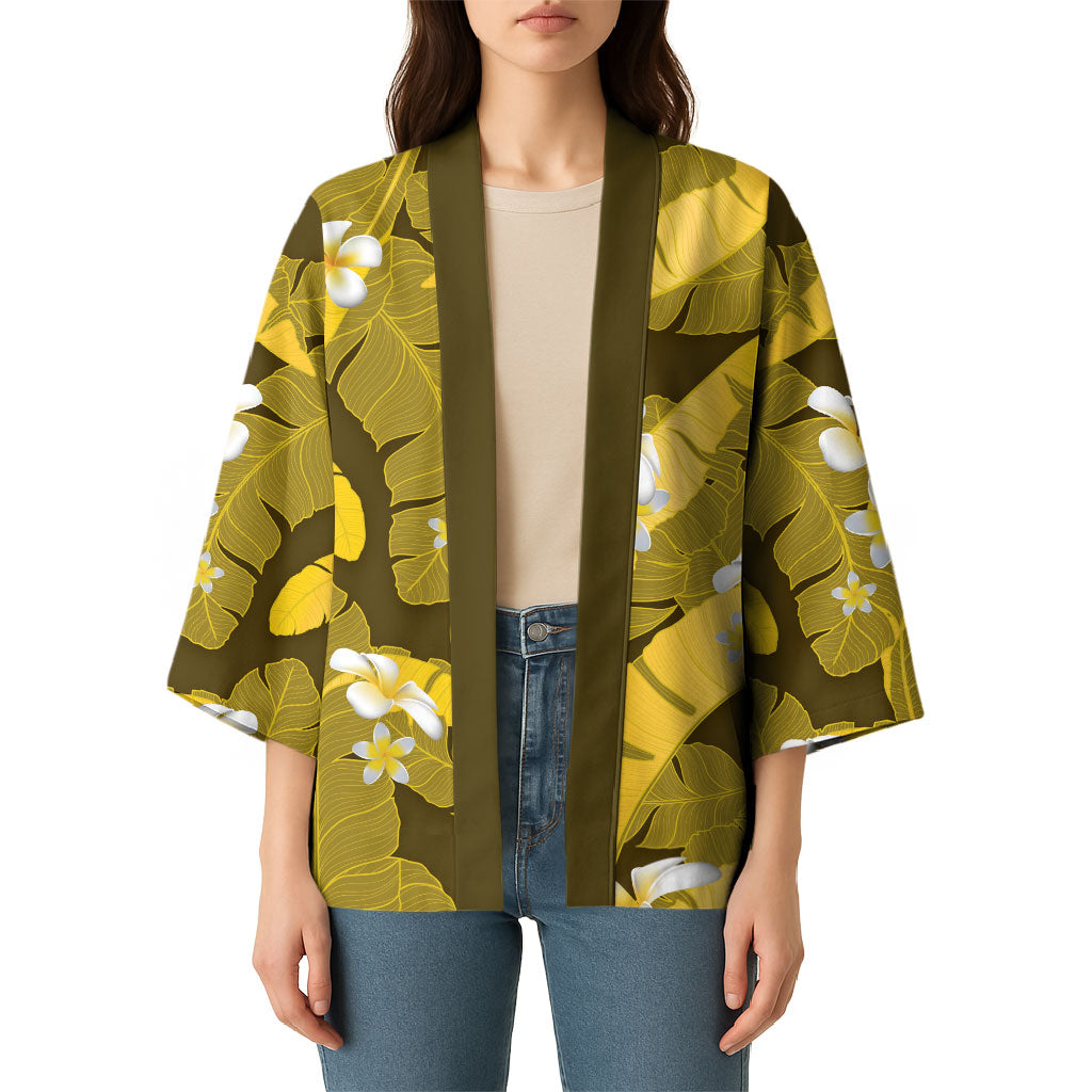 Yellow Banana Leaf Hawaii Kimono Lau Maia Plumeria Tropical Summer Vibes LT14 - Polynesian Pride