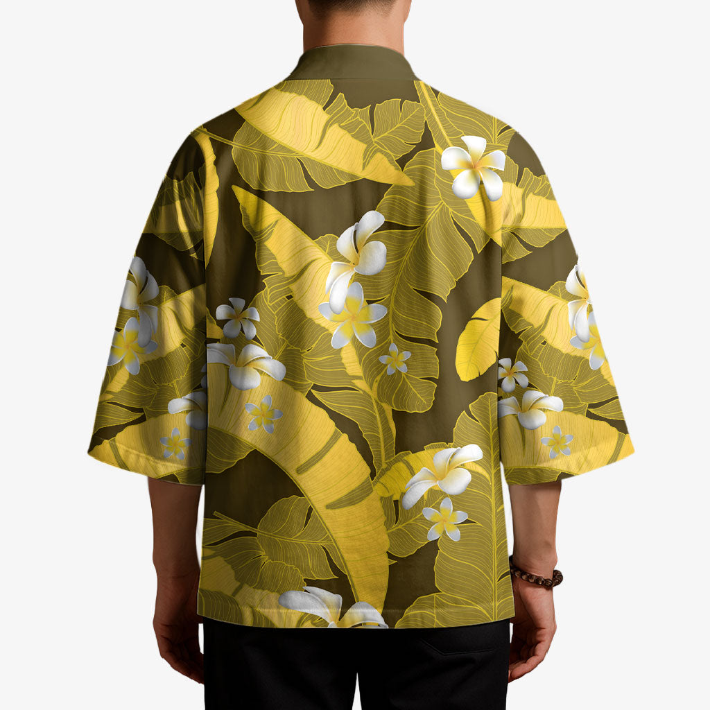 Yellow Banana Leaf Hawaii Kimono Lau Maia Plumeria Tropical Summer Vibes LT14 - Polynesian Pride