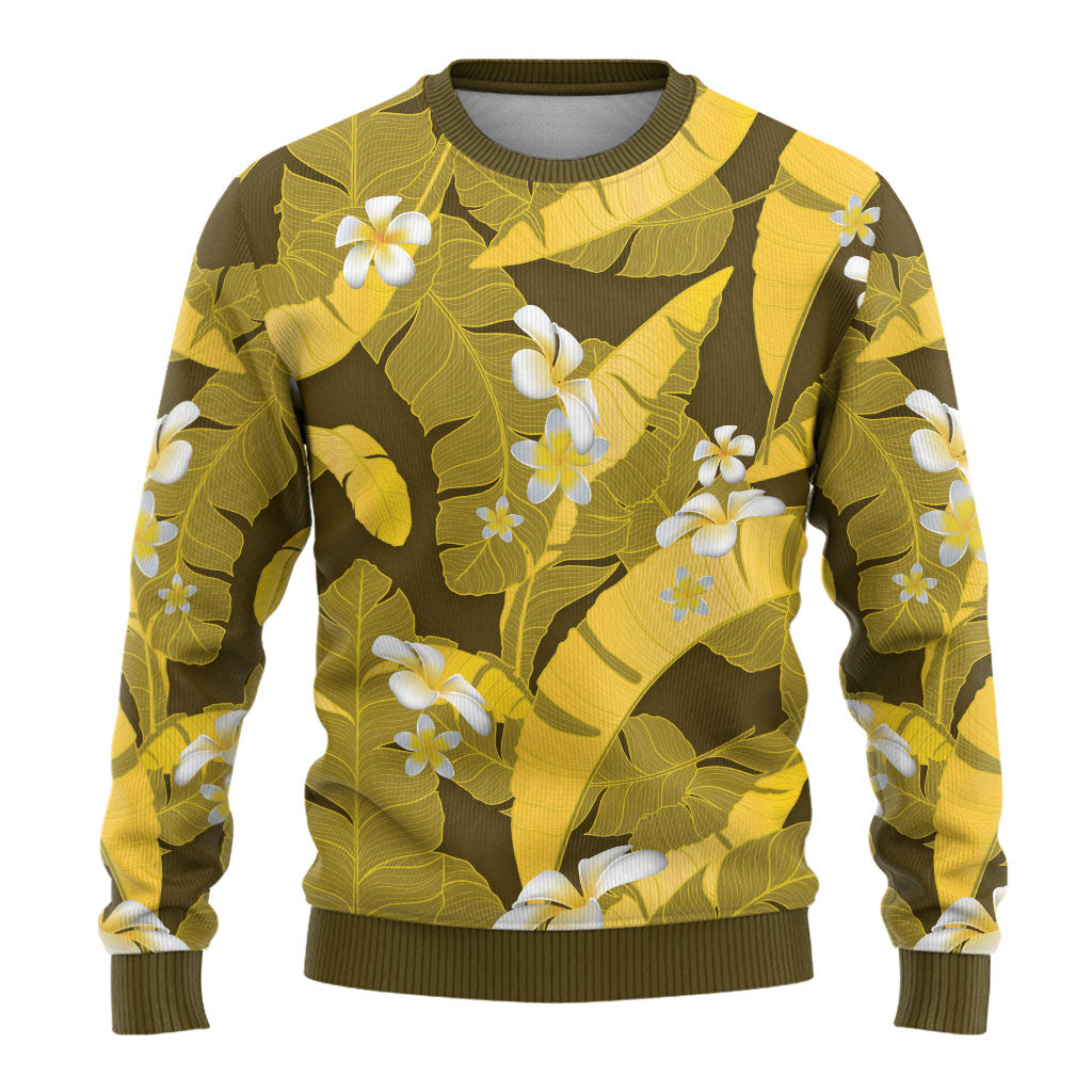 Yellow Banana Leaf Hawaii Ugly Christmas Sweater Lau Maia Plumeria Tropical Summer Vibes