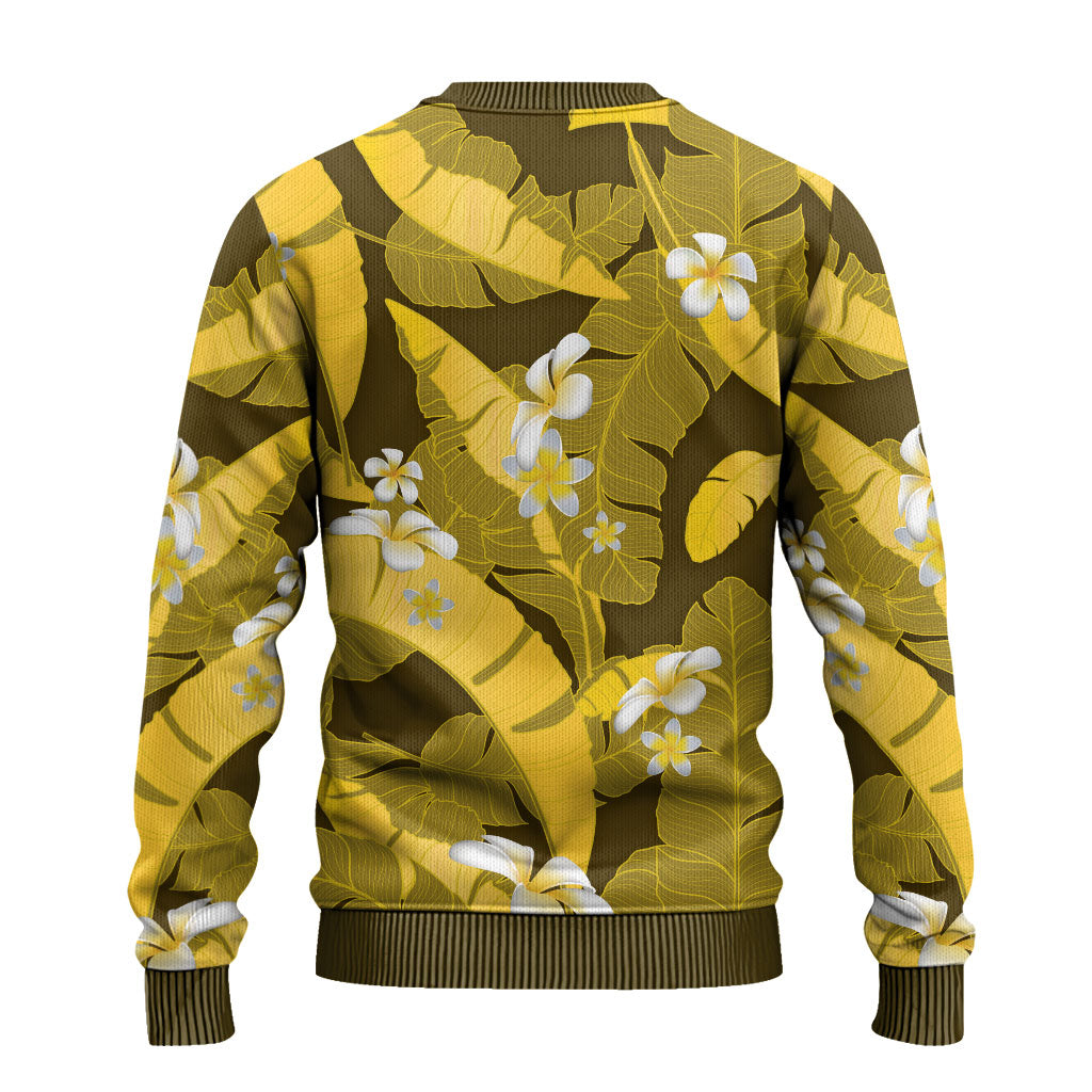 Yellow Banana Leaf Hawaii Ugly Christmas Sweater Lau Maia Plumeria Tropical Summer Vibes