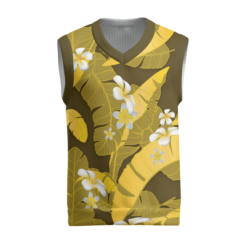 Yellow Banana Leaf Hawaii Christmas Knitted V-Neck Vest Lau Maia Plumeria Tropical Summer Vibes