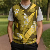 Yellow Banana Leaf Hawaii Christmas Knitted V-Neck Vest Lau Maia Plumeria Tropical Summer Vibes