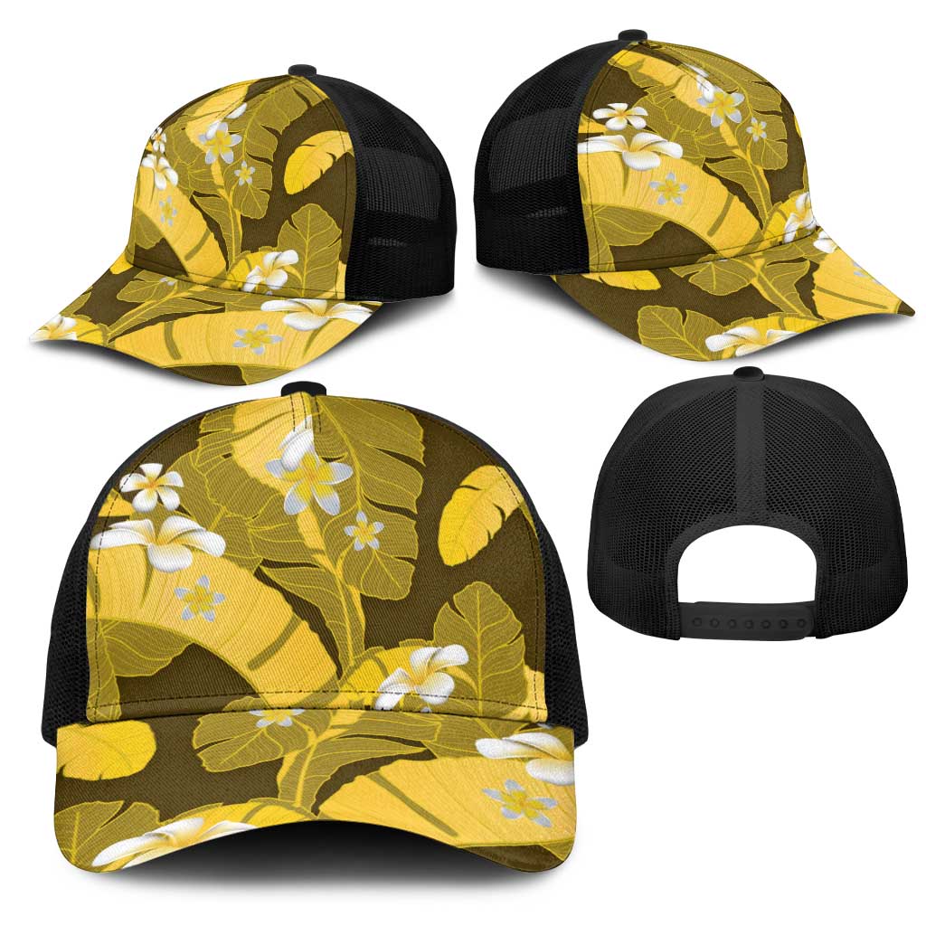 Yellow Banana Leaf Hawaii Mesh Trucker Cap Lau Maia Plumeria Tropical Summer Vibes LT14 - Polynesian Pride