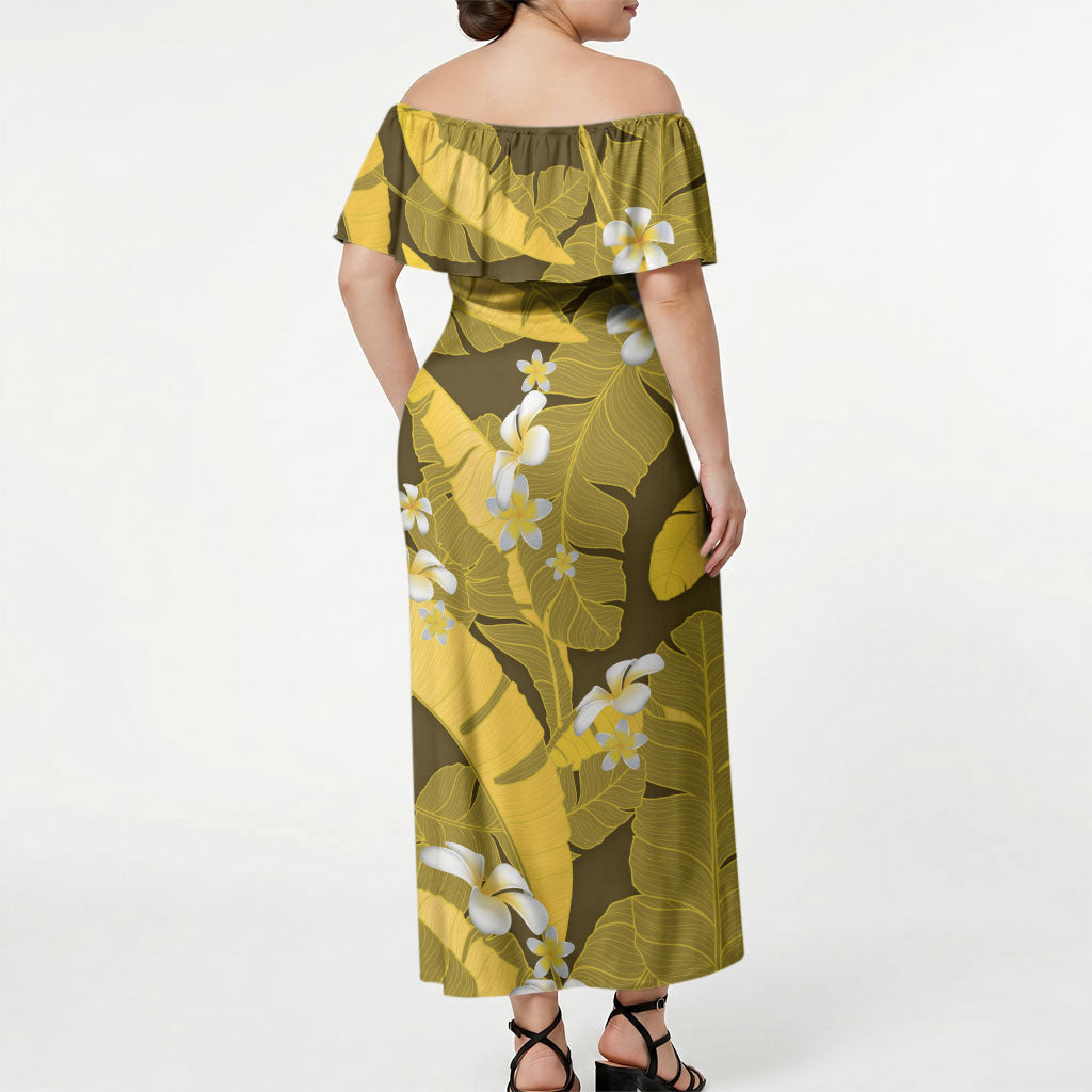 Yellow Banana Leaf Hawaii Off Shoulder Maxi Dress Lau Maia Plumeria Tropical Summer Vibes LT14 - Polynesian Pride