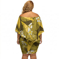 Yellow Banana Leaf Hawaii Off Shoulder Short Dress Lau Maia Plumeria Tropical Summer Vibes LT14 - Polynesian Pride