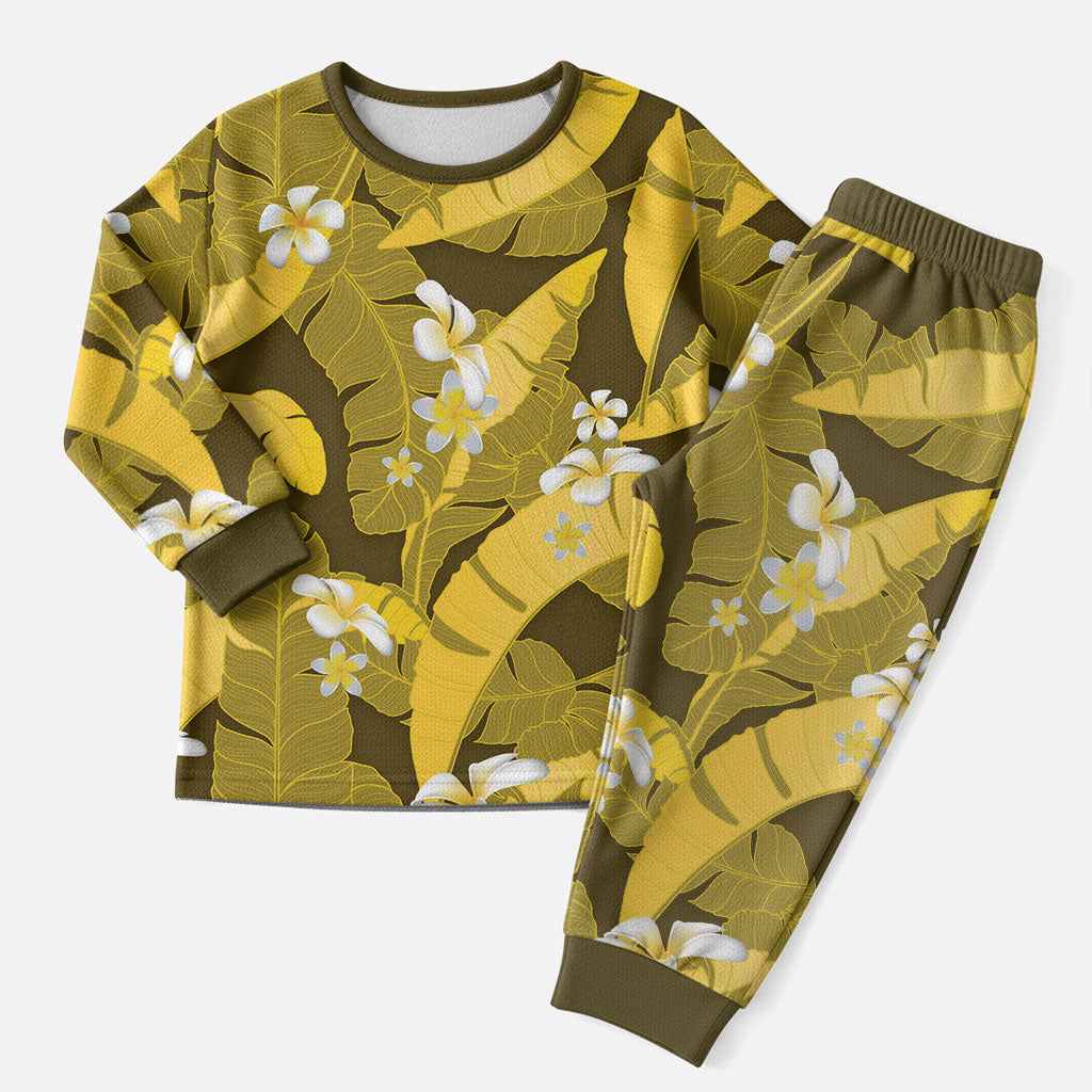 Yellow Banana Leaf Hawaii Christmas Pajama Set Lau Maia Plumeria Tropical Summer Vibes