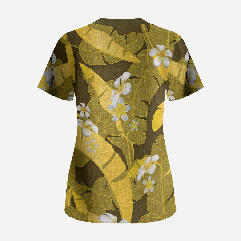 Yellow Banana Leaf Hawaii Scrub Top Lau Maia Plumeria Tropical Summer Vibes LT14 - Polynesian Pride