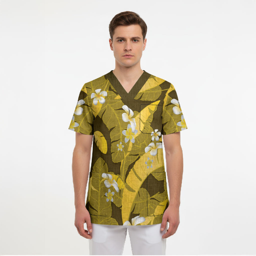 Yellow Banana Leaf Hawaii Scrub Top Lau Maia Plumeria Tropical Summer Vibes LT14 - Polynesian Pride