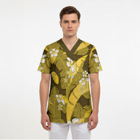 Yellow Banana Leaf Hawaii Scrub Top Lau Maia Plumeria Tropical Summer Vibes LT14 - Polynesian Pride