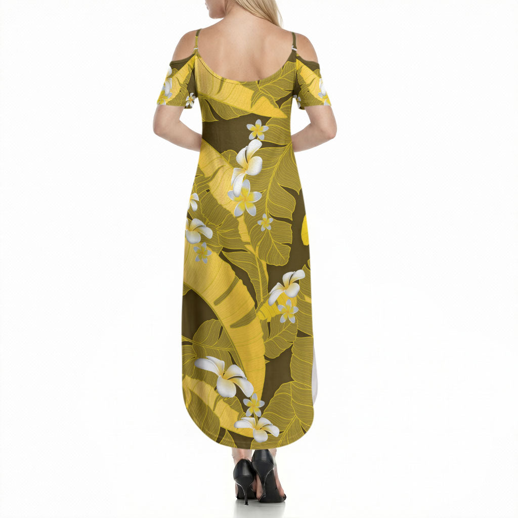 Yellow Banana Leaf Hawaii Summer Maxi Dress Lau Maia Plumeria Tropical Summer Vibes LT14 - Polynesian Pride