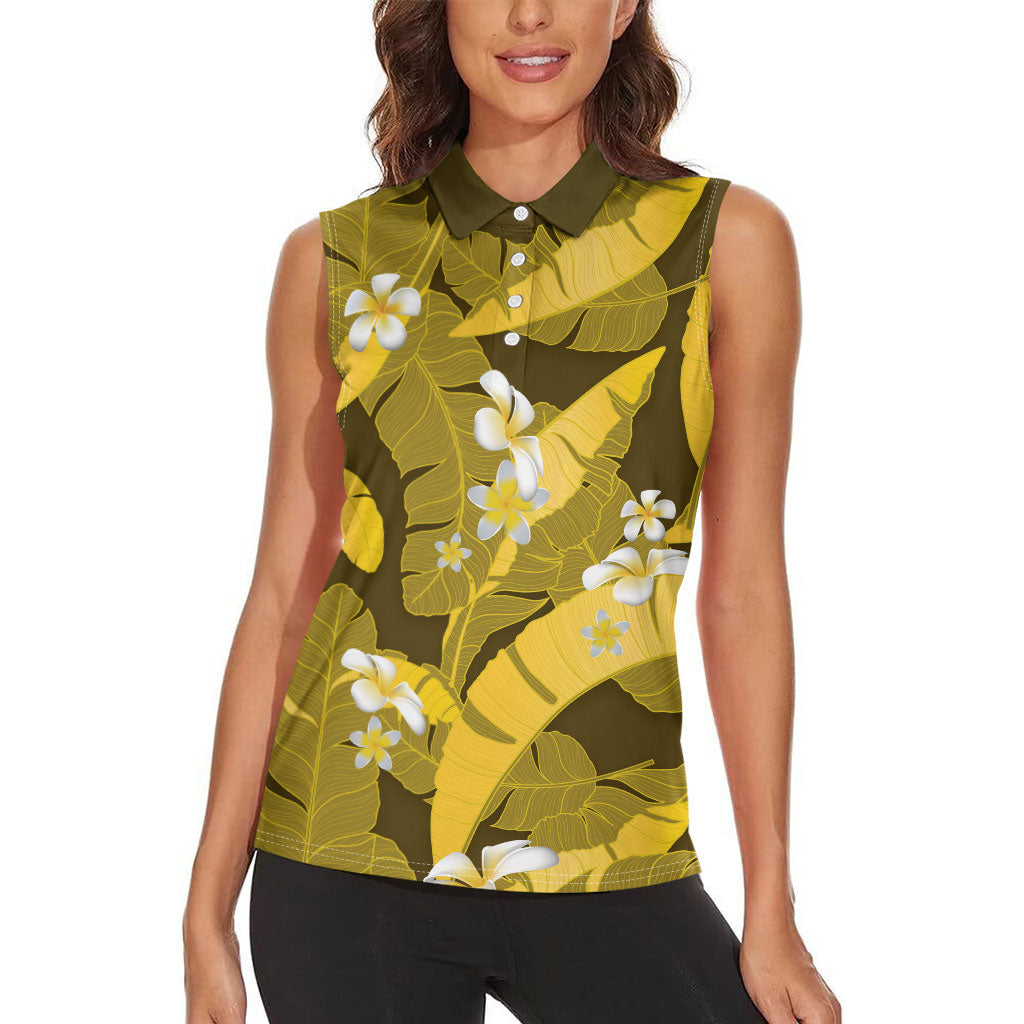 Yellow Banana Leaf Hawaii Women Sleeveless Polo Shirt Lau Maia Plumeria Tropical Summer Vibes LT14 - Polynesian Pride