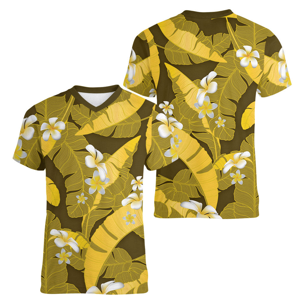 Yellow Banana Leaf Hawaii Women V-Neck T-Shirt Lau Maia Plumeria Tropical Summer Vibes LT14 - Polynesian Pride