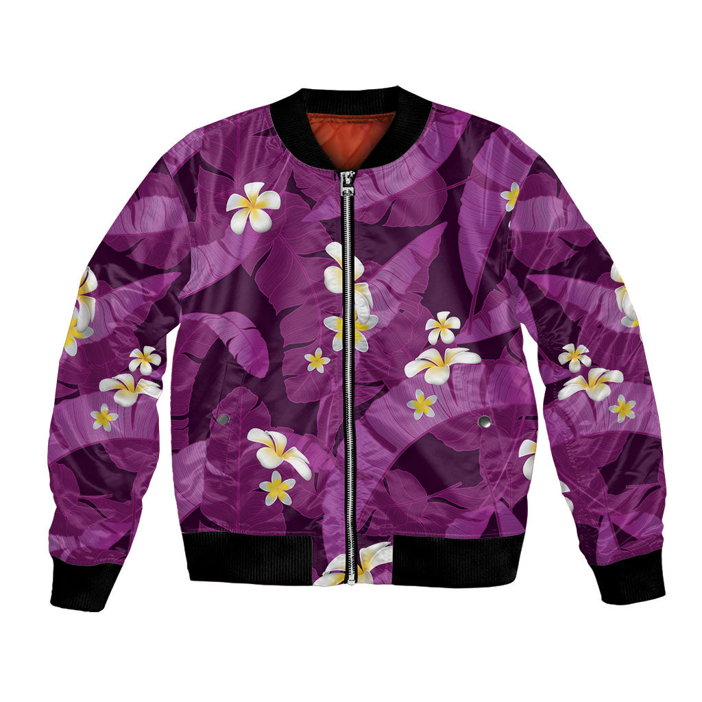 Purple Banana Leaf Hawaii Bomber Jacket Lau Maia Plumeria Tropical Summer Vibes LT14 Unisex Purple - Polynesian Pride