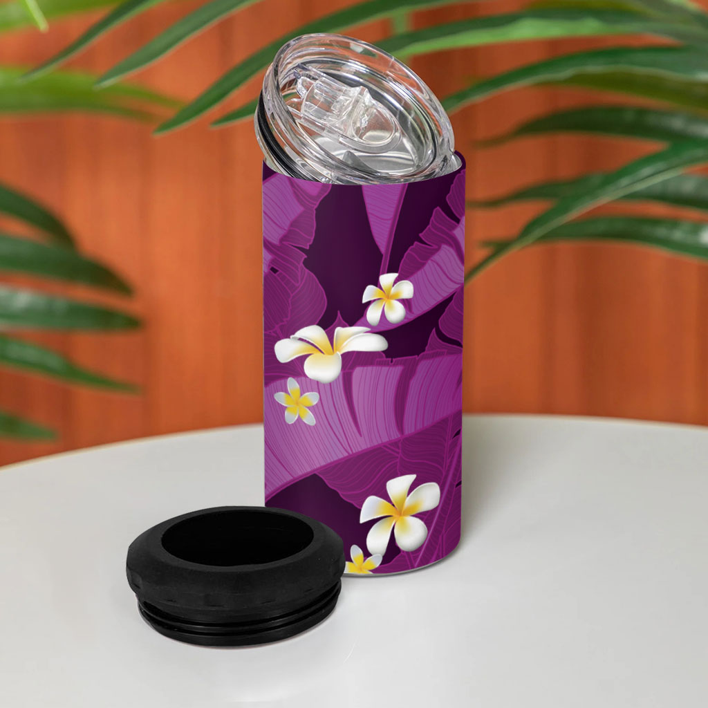 Purple Banana Leaf Hawaii 4 in 1 Can Cooler Tumbler Lau Maia Plumeria Tropical Summer Vibes LT14 - Polynesian Pride