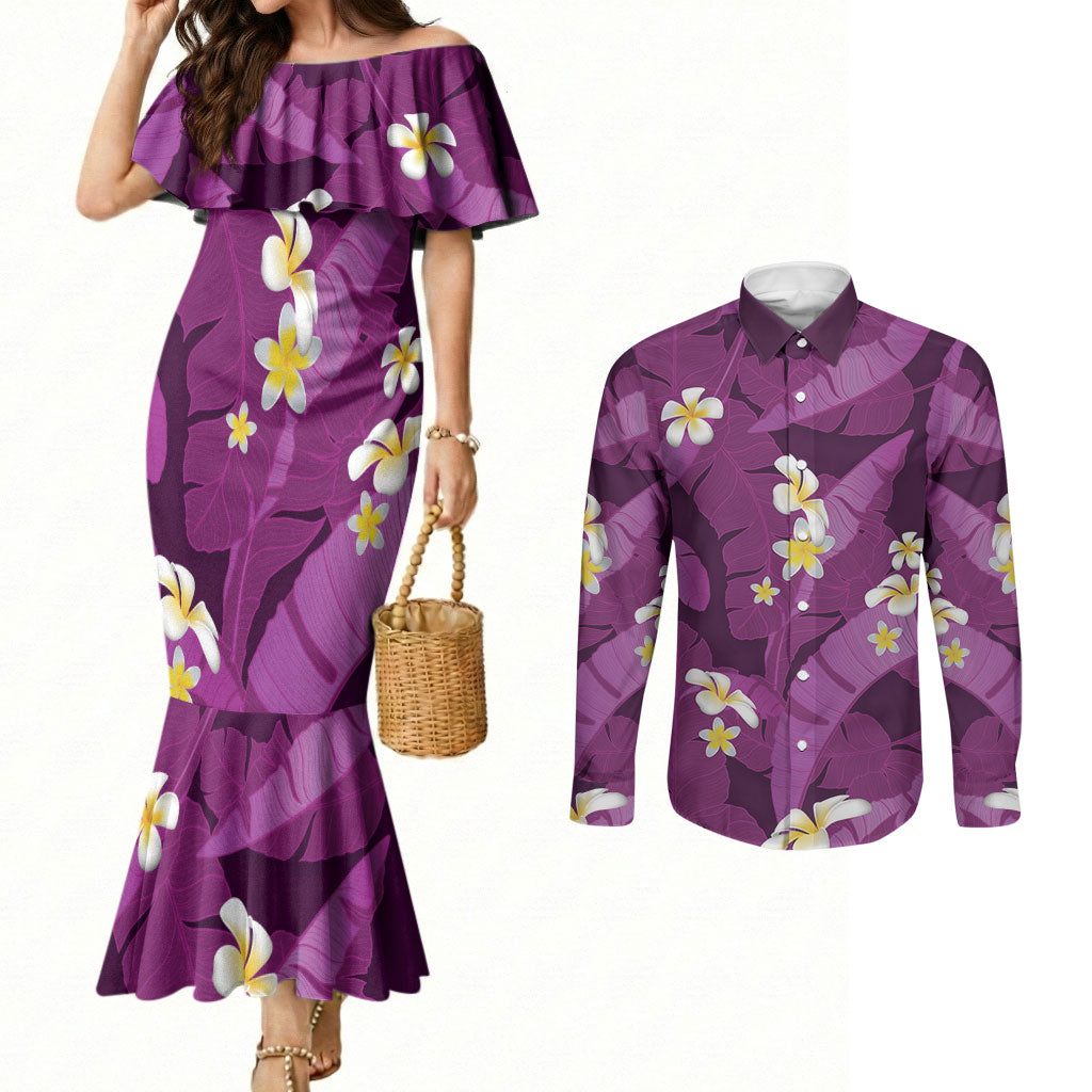 Purple Banana Leaf Hawaii Couples Matching Mermaid Dress and Long Sleeve Button Shirt Lau Maia Plumeria Tropical Summer Vibes LT14 Purple - Polynesian Pride