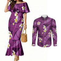 Purple Banana Leaf Hawaii Couples Matching Mermaid Dress and Long Sleeve Button Shirt Lau Maia Plumeria Tropical Summer Vibes LT14 Purple - Polynesian Pride