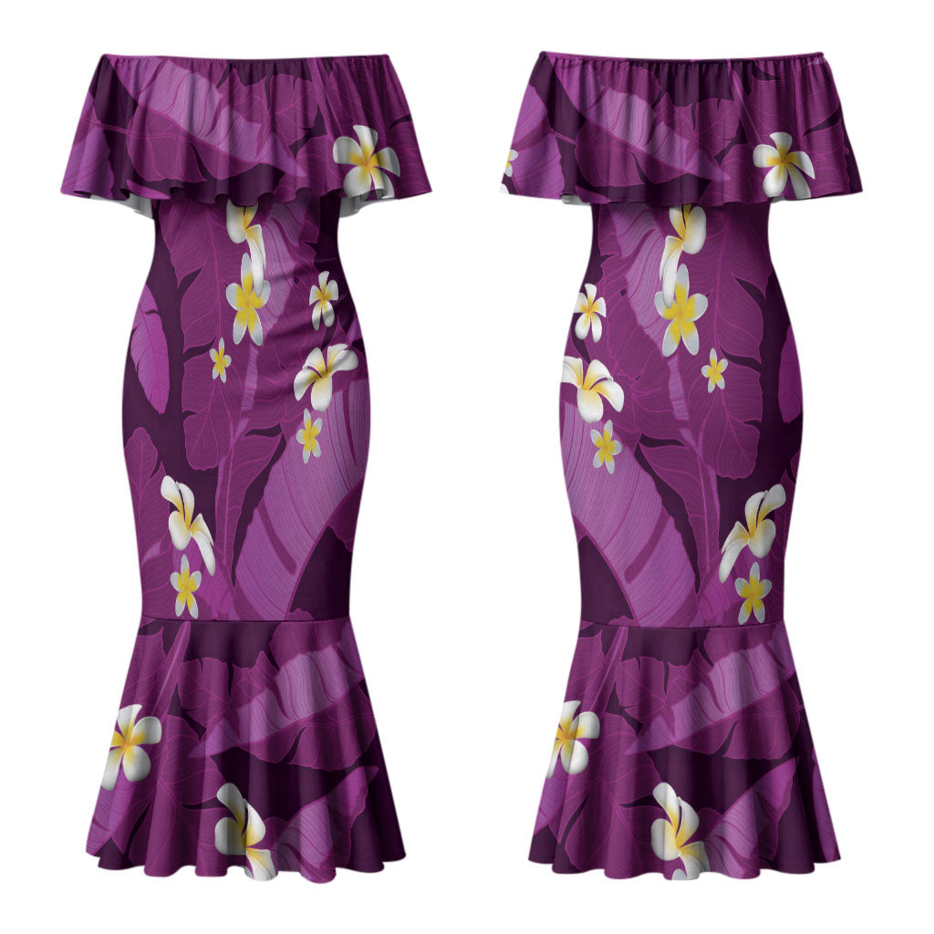 Purple Banana Leaf Hawaii Couples Matching Mermaid Dress and Long Sleeve Button Shirt Lau Maia Plumeria Tropical Summer Vibes LT14 - Polynesian Pride
