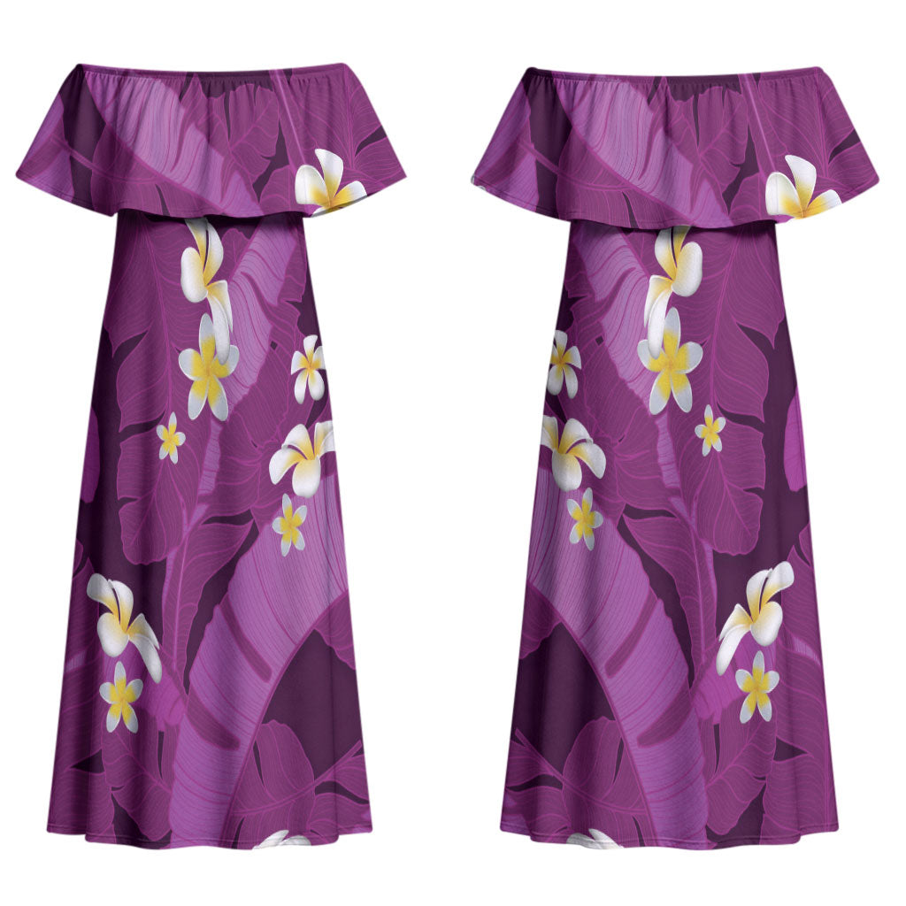 Purple Banana Leaf Hawaii Couples Matching Off Shoulder Maxi Dress and Long Sleeve Button Shirt Lau Maia Plumeria Tropical Summer Vibes LT14 - Polynesian Pride