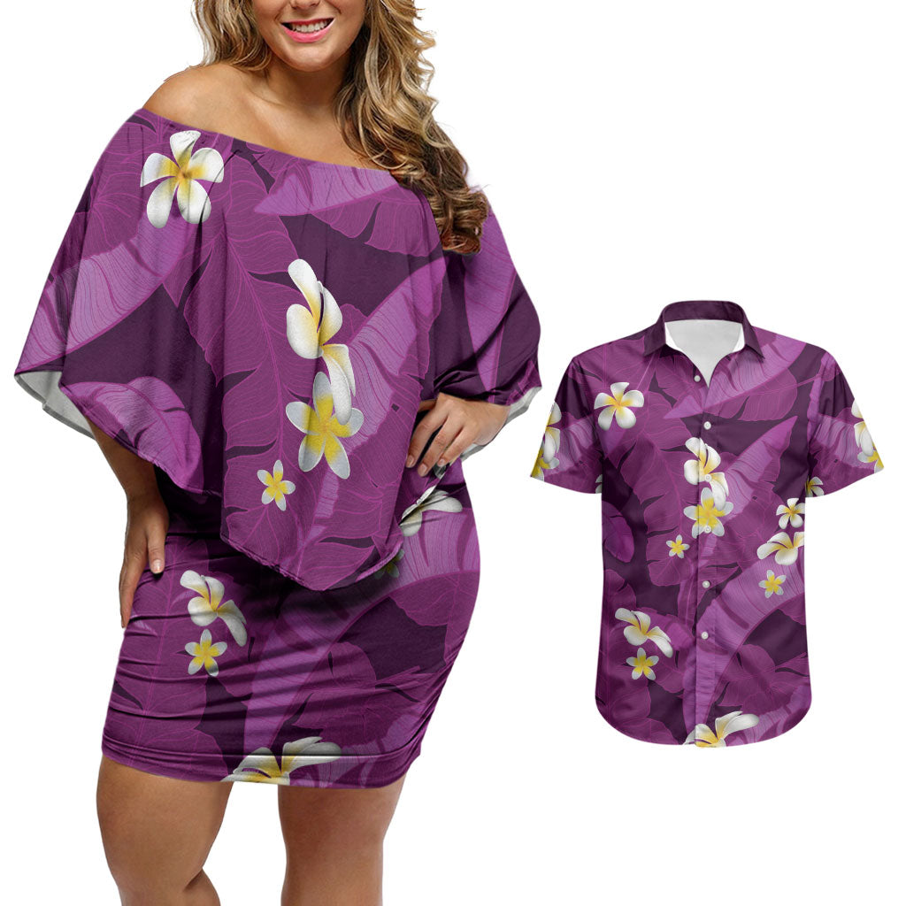 Purple Banana Leaf Hawaii Couples Matching Off Shoulder Short Dress and Hawaiian Shirt Lau Maia Plumeria Tropical Summer Vibes LT14 Purple - Polynesian Pride