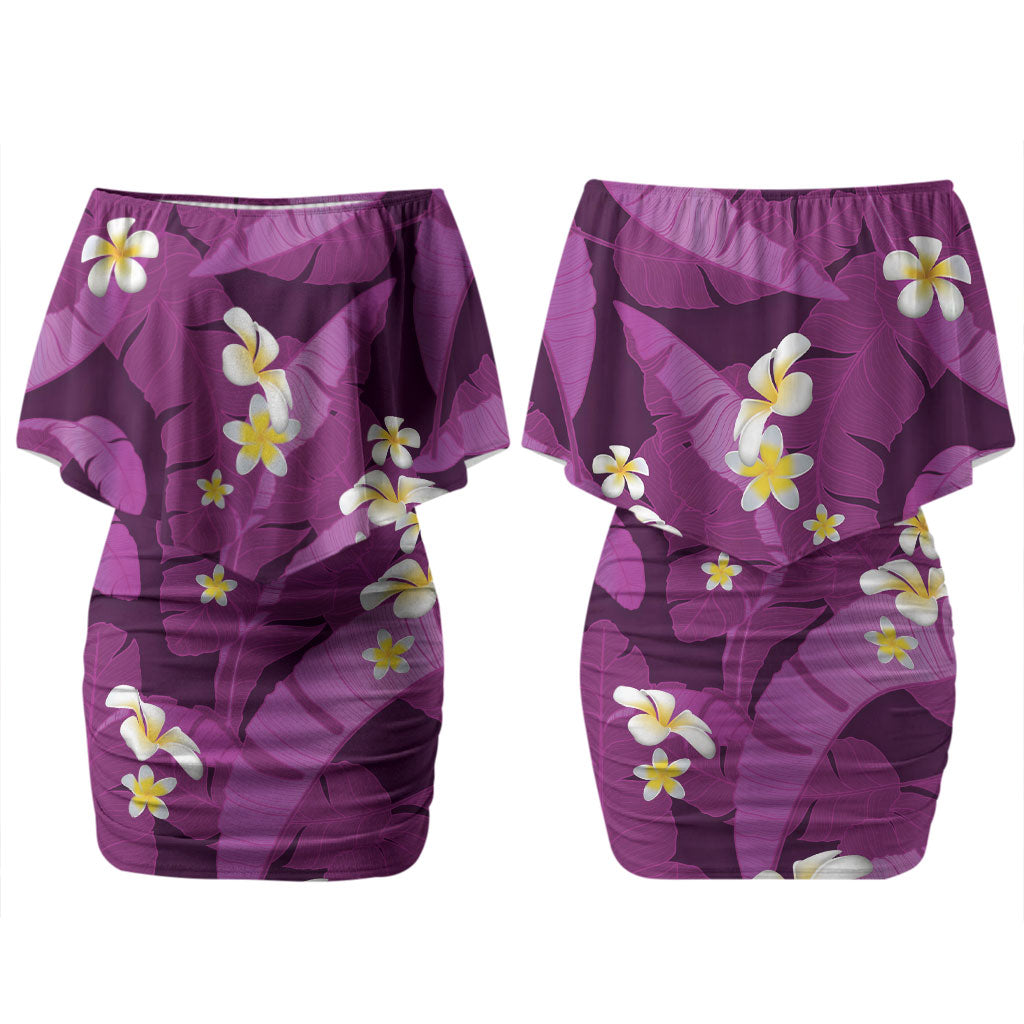 Purple Banana Leaf Hawaii Couples Matching Off Shoulder Short Dress and Long Sleeve Button Shirt Lau Maia Plumeria Tropical Summer Vibes LT14 - Polynesian Pride