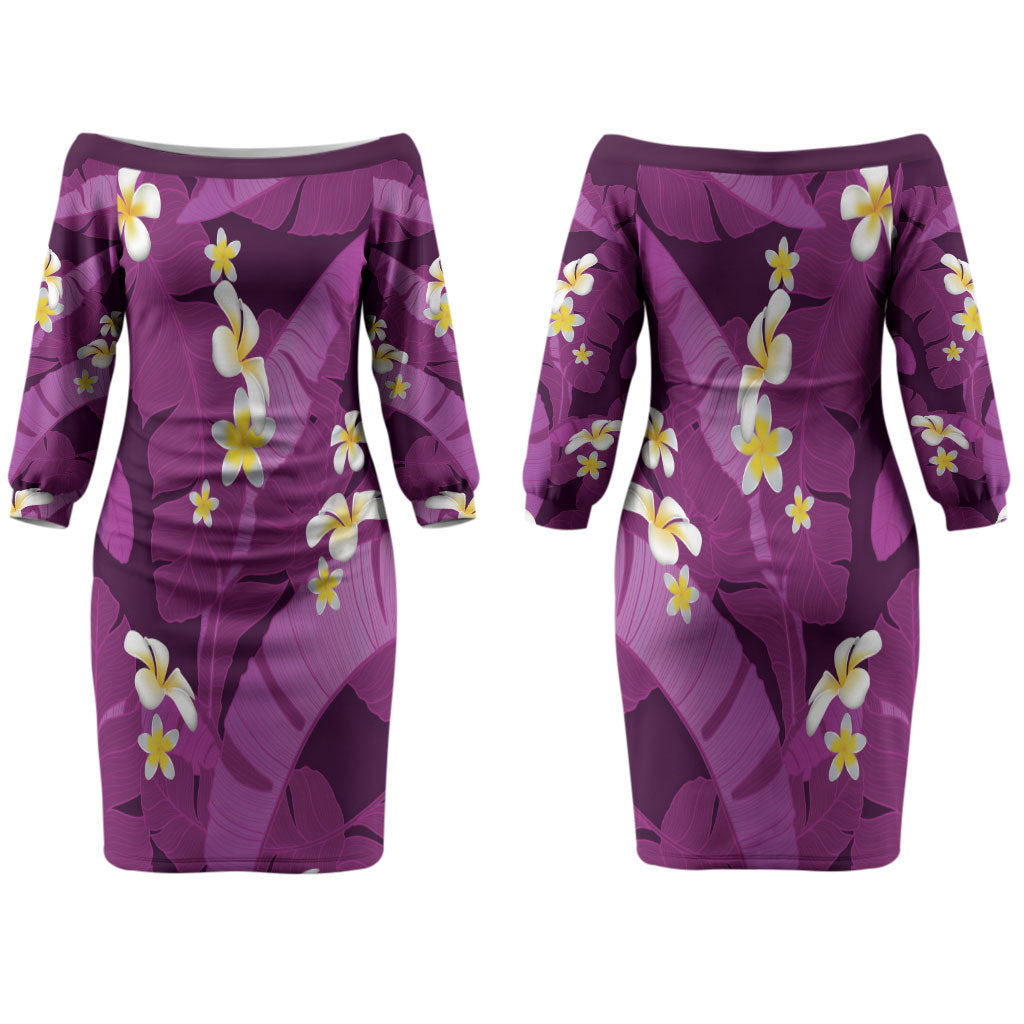 Purple Banana Leaf Hawaii Couples Matching Off The Shoulder Long Sleeve Dress and Long Sleeve Button Shirt Lau Maia Plumeria Tropical Summer Vibes LT14 - Polynesian Pride