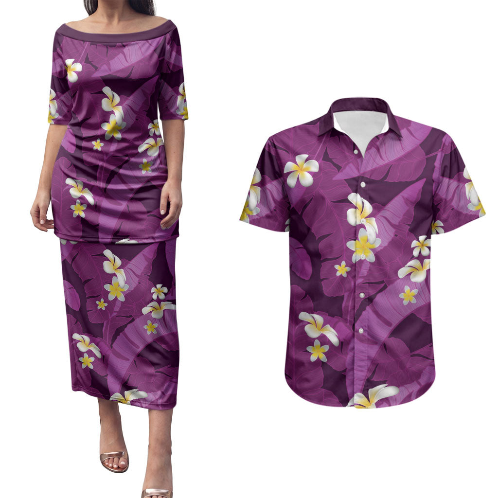 Purple Banana Leaf Hawaii Couples Matching Puletasi and Hawaiian Shirt Lau Maia Plumeria Tropical Summer Vibes LT14 Purple - Polynesian Pride