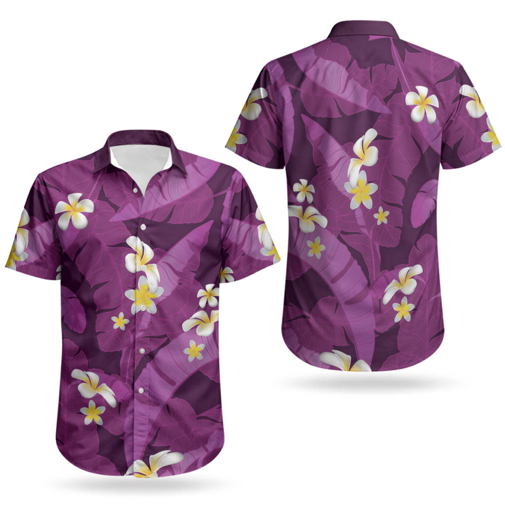 Purple Banana Leaf Hawaii Couples Matching Short Sleeve Bodycon Dress and Hawaiian Shirt Lau Maia Plumeria Tropical Summer Vibes LT14 - Polynesian Pride