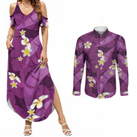 Purple Banana Leaf Hawaii Couples Matching Summer Maxi Dress and Long Sleeve Button Shirt Lau Maia Plumeria Tropical Summer Vibes LT14 Purple - Polynesian Pride