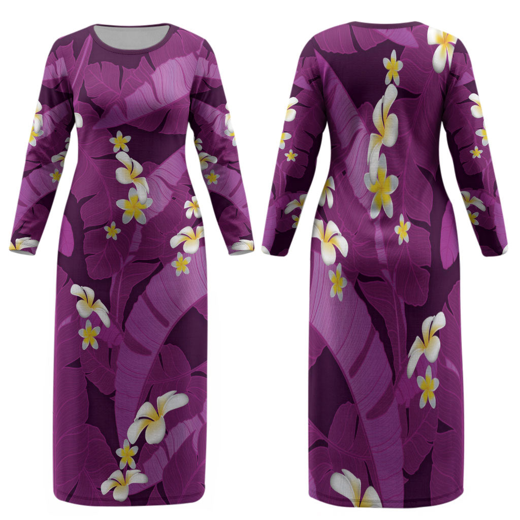 Purple Banana Leaf Hawaii Family Matching Long Sleeve Bodycon Dress and Hawaiian Shirt Lau Maia Plumeria Tropical Summer Vibes LT14 Mom's Dress Purple - Polynesian Pride